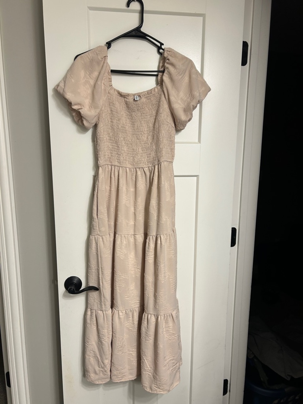 Puff Sleeve Smocked Maxi Dress in Light Beige